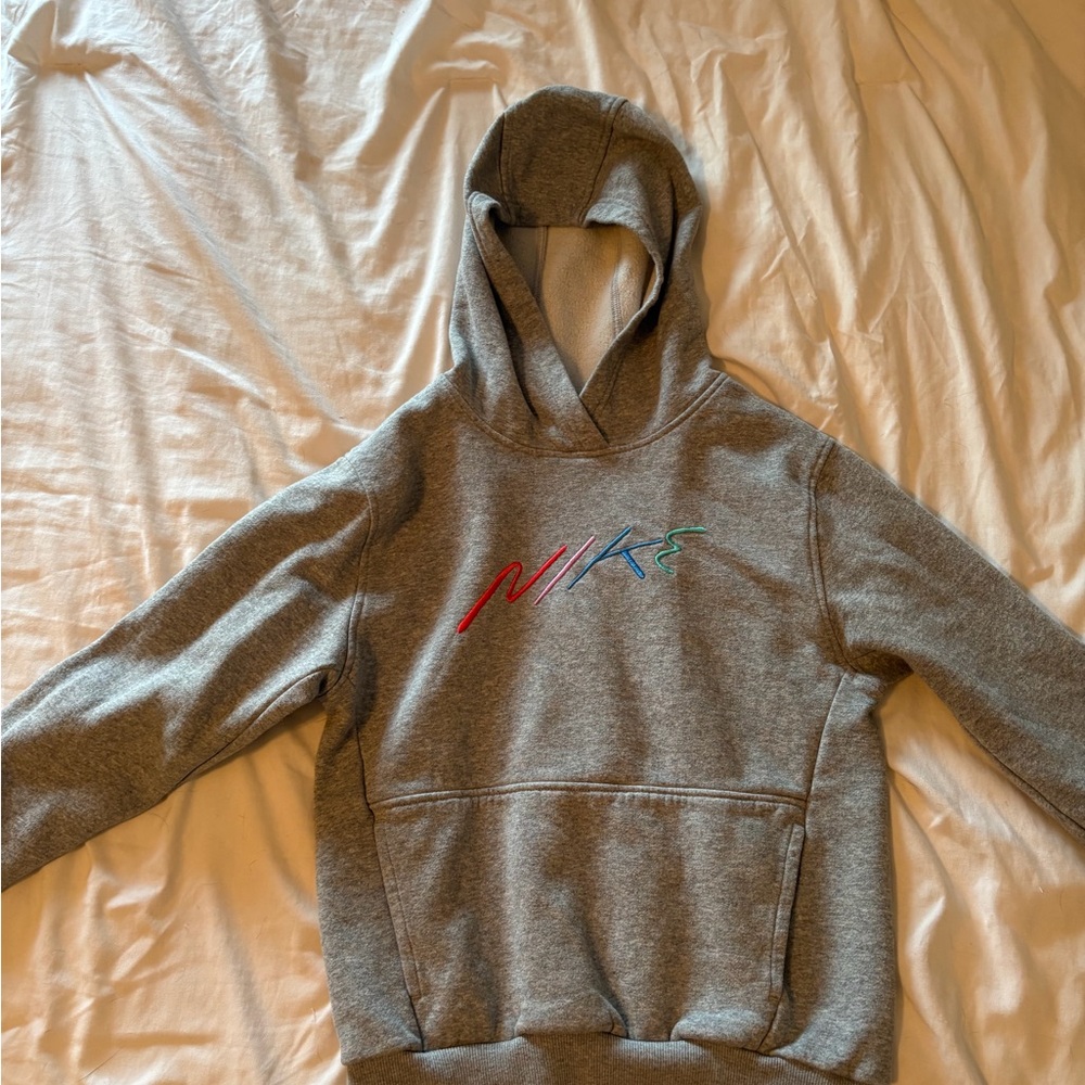 Nike Kids Gray Hoodie with Multicolor Script Logo
